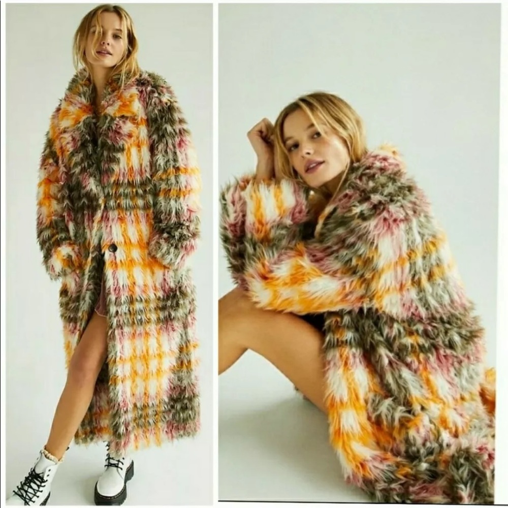 NWT We Free People Cardi Faux FurPlaid Coat Large We the Free - Picture 2 of 8